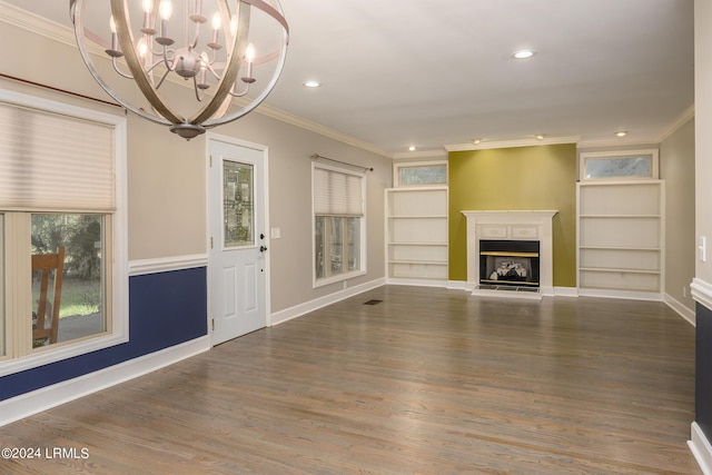 unfurnished living room with crown molding, built in features, and dark hardwood / wood-style flooring