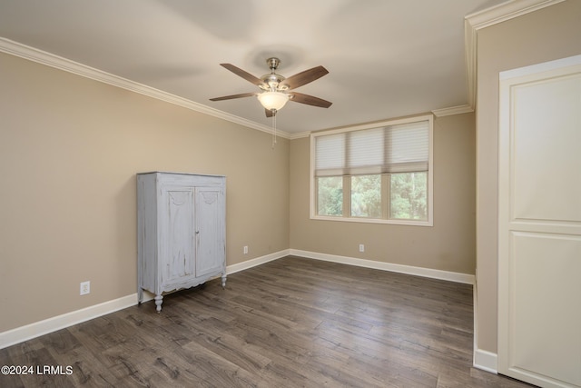 unfurnished bedroom with dark hardwood / wood-style flooring, crown molding, and ceiling fan