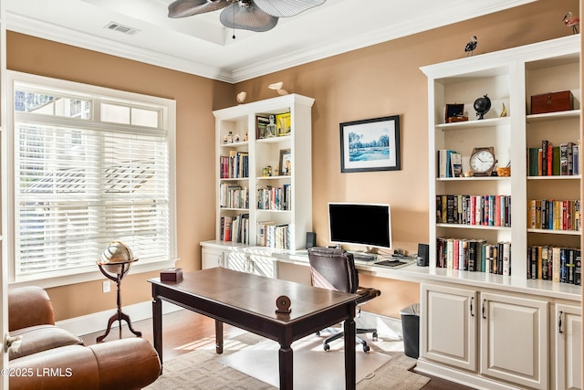 home office with ceiling fan and ornamental molding