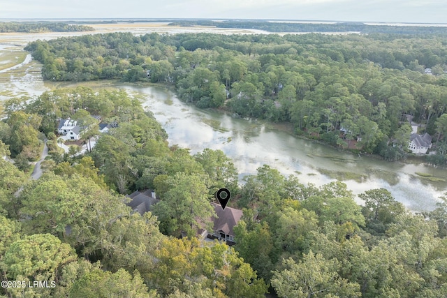 birds eye view of property featuring a water view and a wooded view