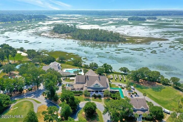 drone / aerial view with a water view