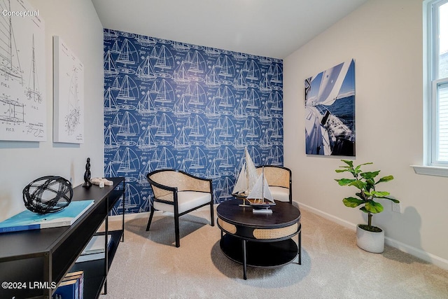 1549 Sanctum St, Ridgeland, SC 29936 - living area with an accent wall, wallpapered walls, baseboards, and carpet