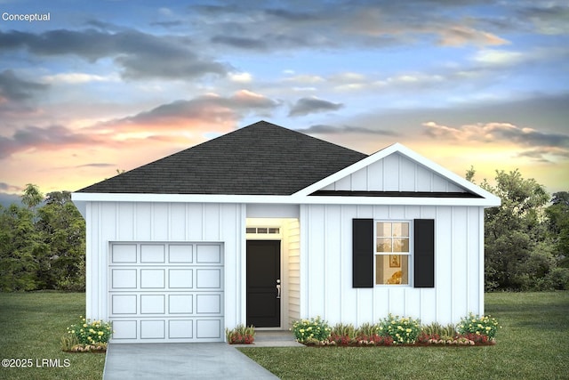 1549 Sanctum St, Ridgeland, SC 29936 - view of front of house featuring roof with shingles, a yard, driveway, an attached garage, and board and batten siding