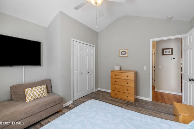 bedroom featuring a ceiling fan, a closet, vaulted ceiling, and wood finished floors