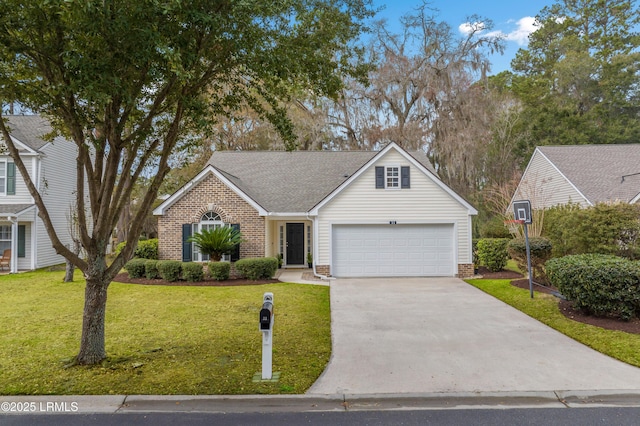 view of front of home featuring brick siding, a shingled roof, concrete driveway, a front yard, and a garage