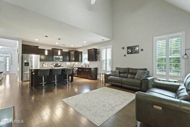 36 Hopper Ridge Rd, Okatie, SC 29909 - living room with healthy amount of natural light, dark wood finished floors, recessed lighting, a ceiling fan, and a high ceiling
