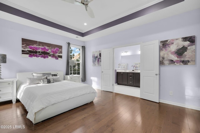 bedroom featuring recessed lighting, dark wood-style flooring, baseboards, a ceiling fan, and crown molding
