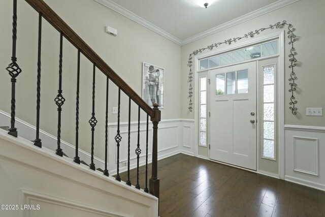 36 Hopper Ridge Rd, Okatie, SC 29909 - entryway featuring a decorative wall, stairs, wainscoting, dark wood finished floors, and crown molding