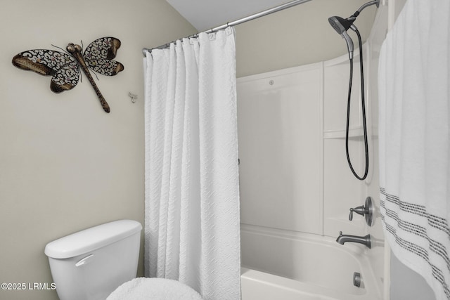 full bath featuring toilet and shower / tub combo with curtain