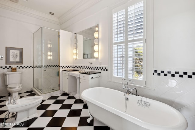 full bathroom featuring a bidet, tile walls, ornamental molding, independent shower and bath, and toilet