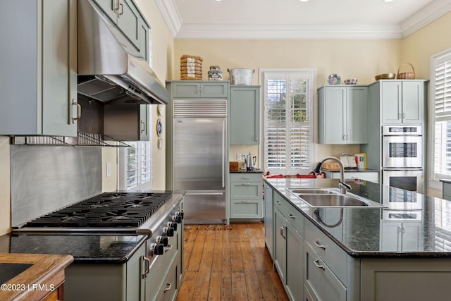 kitchen featuring stainless steel appliances, sink, wood-type flooring, and dark stone counters