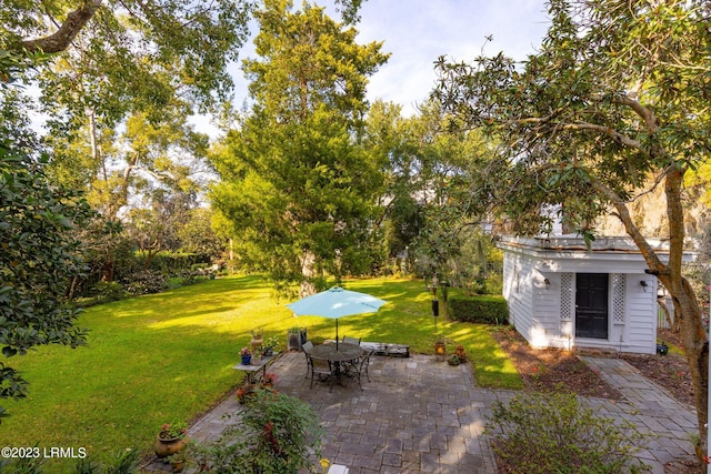 view of yard with an outdoor structure and a patio area