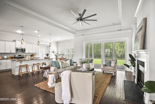 135 Danbridge Ct, Bluffton, SC 29910 - living room featuring a fireplace with flush hearth, ceiling fan, a tray ceiling, dark wood finished floors, and crown molding