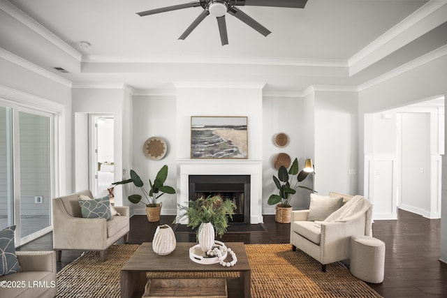 135 Danbridge Ct, Bluffton, SC 29910 - living room with a tray ceiling, ceiling fan, wood finished floors, a fireplace, and ornamental molding