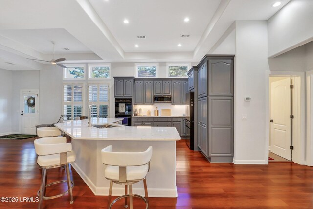 kitchen with gray cabinets, an island with sink, sink, a raised ceiling, and dark wood-type flooring