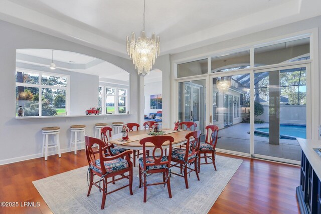 dining area with a tray ceiling, ceiling fan with notable chandelier, and hardwood / wood-style flooring