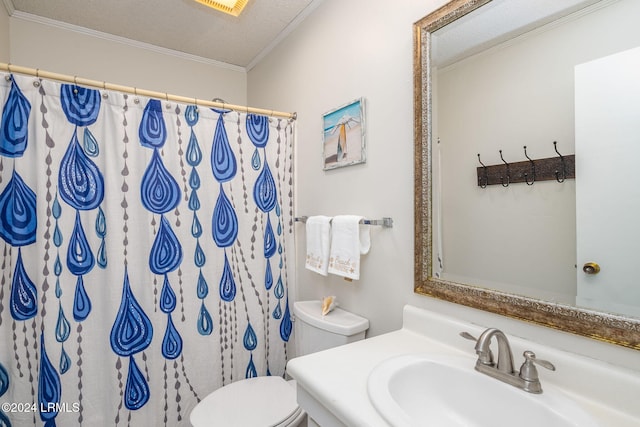 bathroom with toilet, crown molding, a textured ceiling, vanity, and a shower with shower curtain