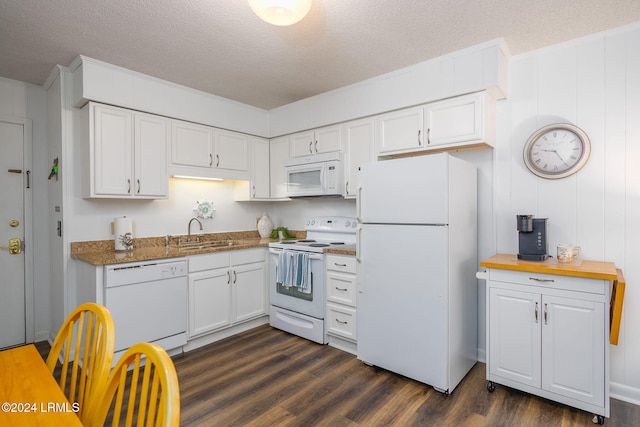 kitchen featuring white cabinetry, white appliances, sink, and a textured ceiling