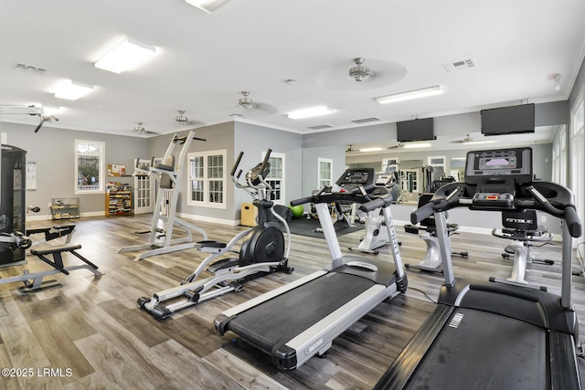 workout area featuring ornamental molding and hardwood / wood-style floors