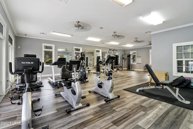 workout area featuring ceiling fan, ornamental molding, and wood-type flooring