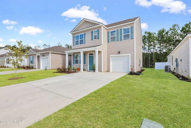 view of front of home with a garage, central AC, and a front lawn