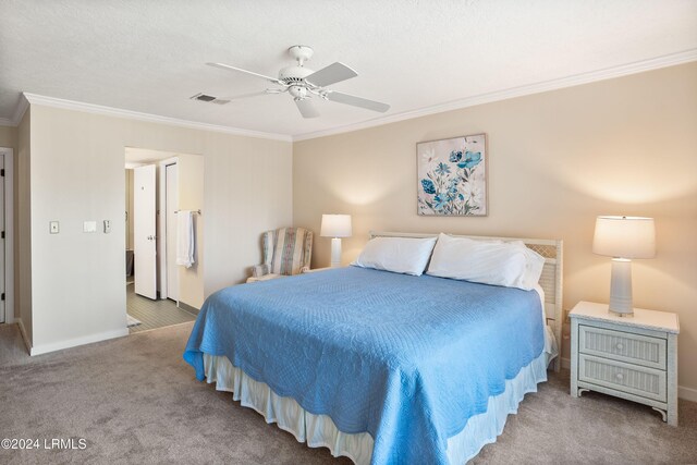 bedroom with crown molding, ceiling fan, and carpet