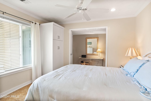 bedroom featuring ceiling fan and ornamental molding