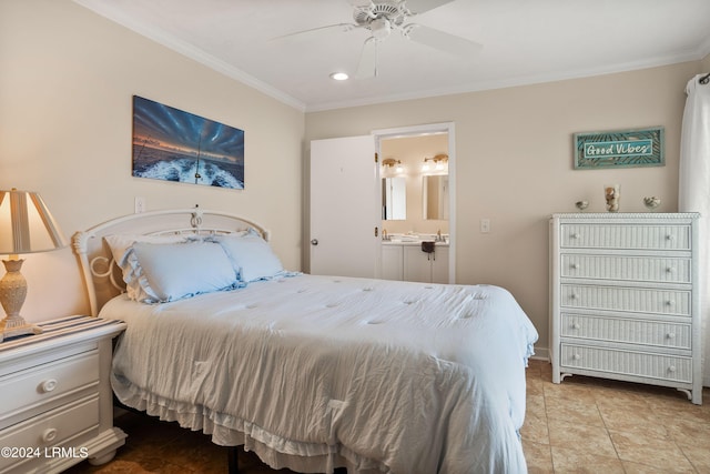 bedroom with light tile patterned flooring, ceiling fan, ornamental molding, and connected bathroom