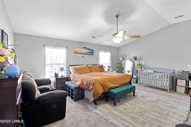 76 Shadow Moss Dr, Beaufort, SC 29906 - carpeted bedroom featuring a ceiling fan, visible vents, and vaulted ceiling