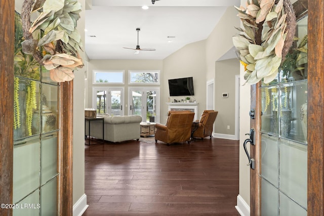8 Wild Magnolia Ln, Okatie, SC 29909 - foyer with dark wood-style floors, a fireplace, baseboards, and a ceiling fan