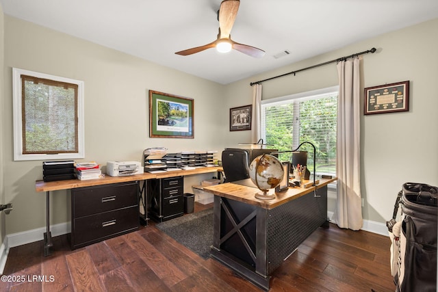 8 Wild Magnolia Ln, Okatie, SC 29909 - office space with dark wood-type flooring, baseboards, a ceiling fan, and visible vents