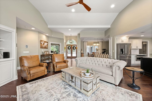 8 Wild Magnolia Ln, Okatie, SC 29909 - living area featuring baseboards, a ceiling fan, dark wood-style floors, recessed lighting, and vaulted ceiling
