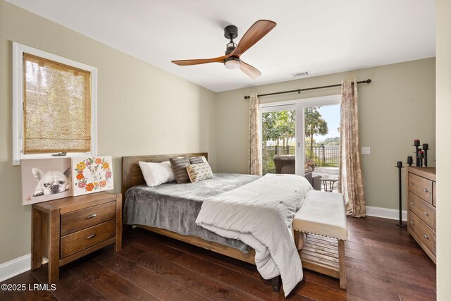 8 Wild Magnolia Ln, Okatie, SC 29909 - bedroom with visible vents, baseboards, dark wood-style flooring, a ceiling fan, and access to outside