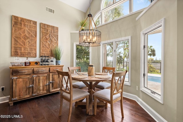 8 Wild Magnolia Ln, Okatie, SC 29909 - dining area featuring visible vents, baseboards, an inviting chandelier, dark wood finished floors, and high vaulted ceiling