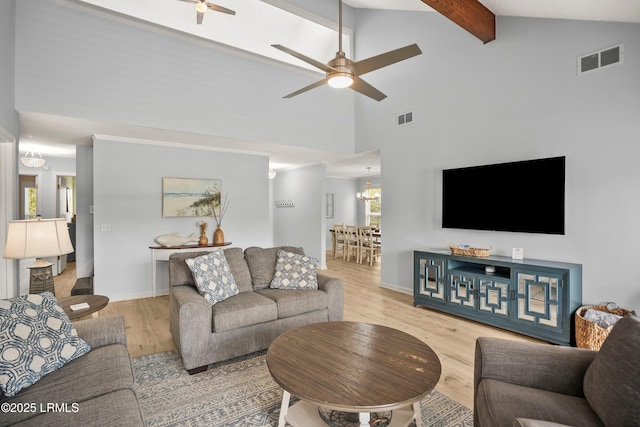 26 Fairway Club Dr, Fripp Island, SC 29920 - living room with a ceiling fan, beamed ceiling, visible vents, and wood finished floors