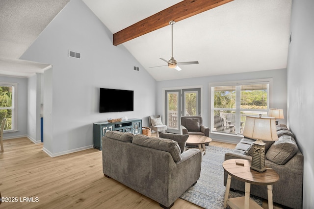 26 Fairway Club Dr, Fripp Island, SC 29920 - living area with plenty of natural light, ceiling fan, visible vents, and high vaulted ceiling