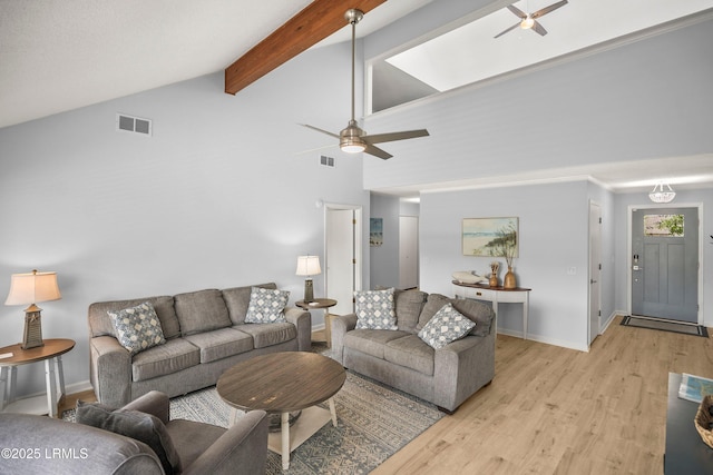 26 Fairway Club Dr, Fripp Island, SC 29920 - living room with high vaulted ceiling, a ceiling fan, light wood finished floors, and visible vents