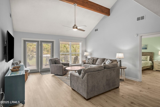 26 Fairway Club Dr, Fripp Island, SC 29920 - living room featuring a ceiling fan, visible vents, light wood-type flooring, beam ceiling, and high vaulted ceiling