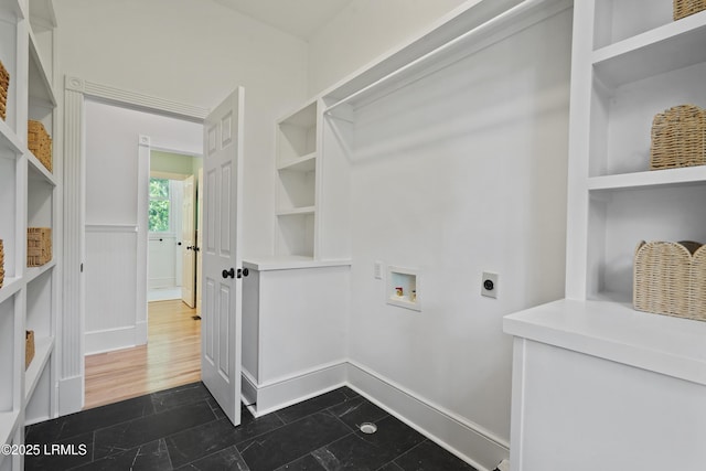 12 Sheffield Ct, Beaufort, SC 29907 - laundry room with hookup for an electric dryer, washer hookup, wainscoting, and dark tile patterned floors