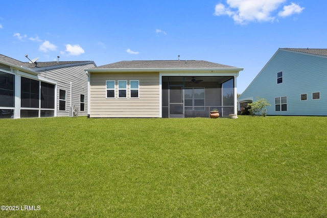95 Sunrise Point Dr, Okatie, SC 29909 - rear view of property with a sunroom, a lawn, and ceiling fan