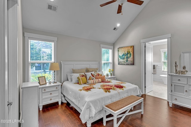 39 Sweet Marsh Ct, Bluffton, SC 29910 - bedroom featuring dark wood-style floors, ensuite bath, high vaulted ceiling, and ceiling fan