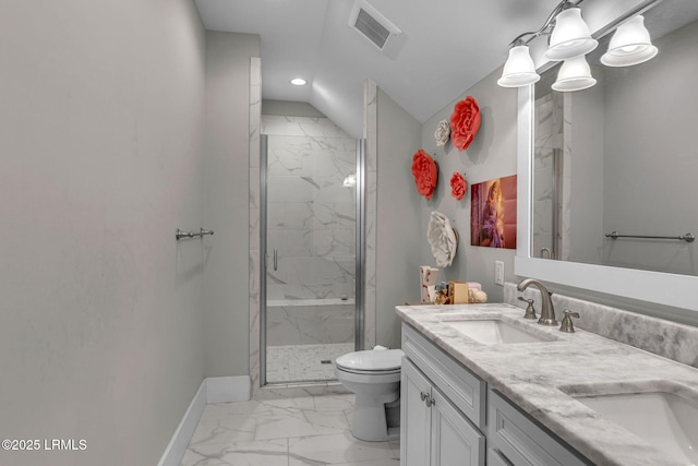 39 Sweet Marsh Ct, Bluffton, SC 29910 - full bathroom with marble look tile flooring, a marble finish shower, double vanity, recessed lighting, and vaulted ceiling