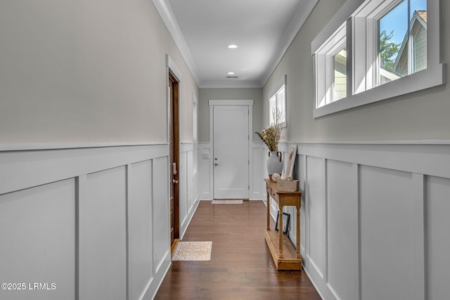 39 Sweet Marsh Ct, Bluffton, SC 29910 - corridor featuring a decorative wall, crown molding, a wainscoted wall, dark wood-style floors, and recessed lighting