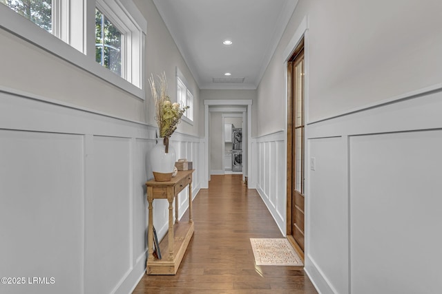39 Sweet Marsh Ct, Bluffton, SC 29910 - hall featuring a decorative wall, wood finished floors, recessed lighting, a wainscoted wall, and ornamental molding