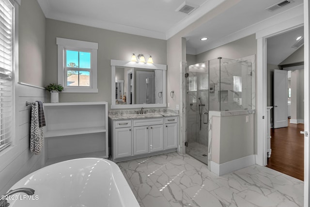 39 Sweet Marsh Ct, Bluffton, SC 29910 - bathroom featuring vanity, a freestanding bath, ornamental molding, a marble finish shower, and recessed lighting
