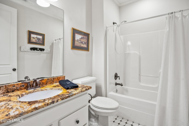 full bath featuring ornamental molding, shower / bathtub combination with curtain, vanity, and toilet