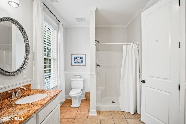 full bathroom with toilet, tile patterned flooring, ornamental molding, and a shower stall