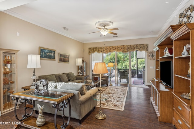 303 Hampton Lake Xing, Bluffton, SC 29910 - living area featuring ceiling fan, dark wood-type flooring, and crown molding