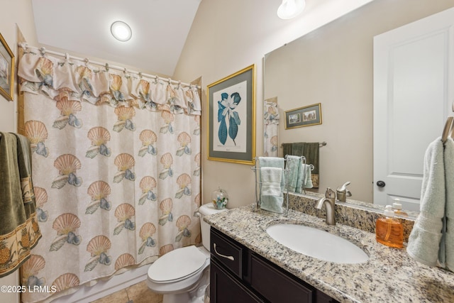 303 Hampton Lake Xing, Bluffton, SC 29910 - full bathroom featuring vanity, lofted ceiling, toilet, and tile patterned flooring