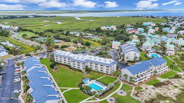 drone / aerial view featuring a water view